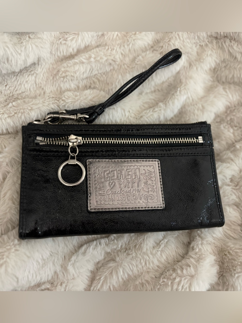 Coach Poppy Y2K Black Patent Leather Wristlet/wallet with Silver Accents.